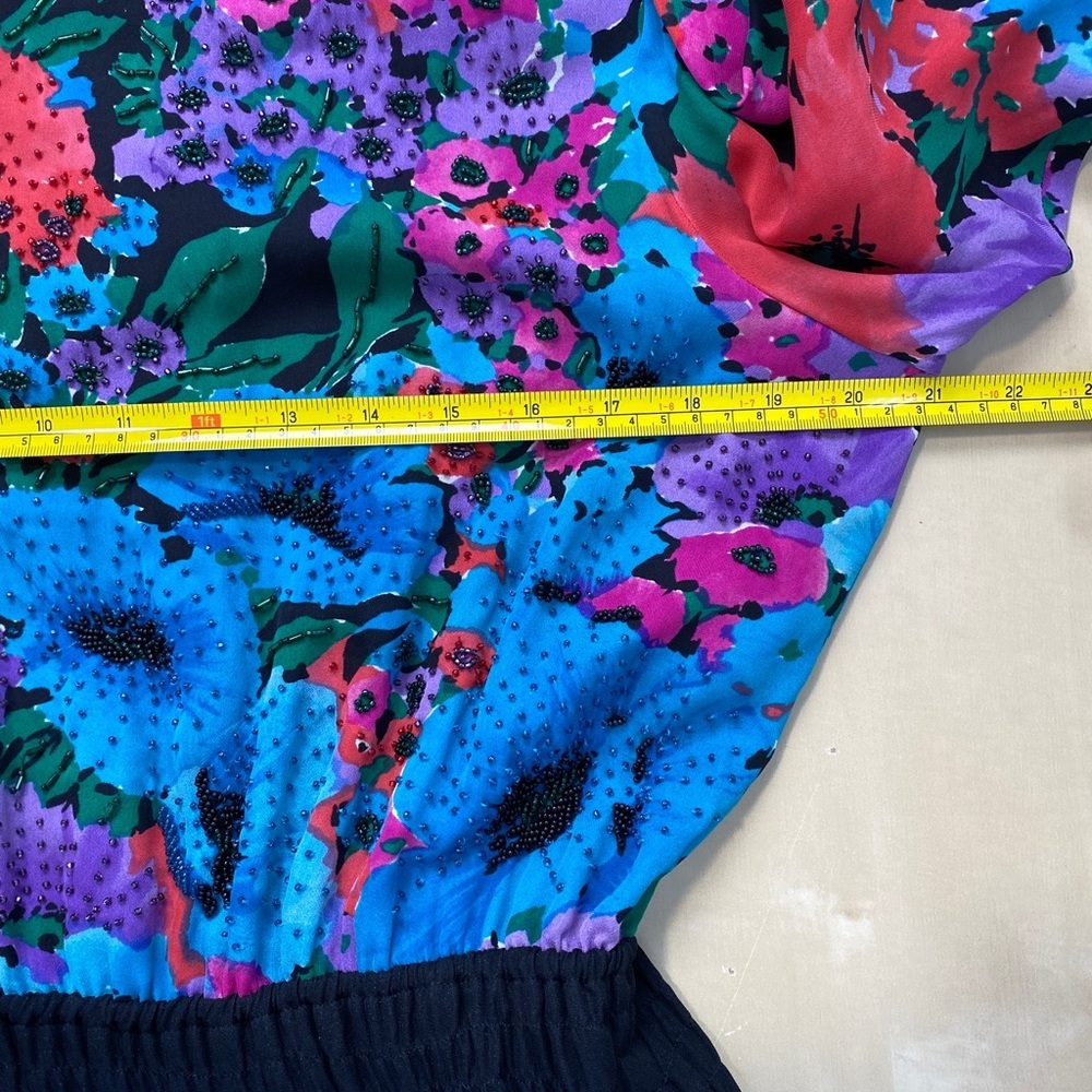 Vtg 70s 80s Designer Diane Freis Silk Beaded Floral Signature Dress Sz Large L - Picture 10 of 13